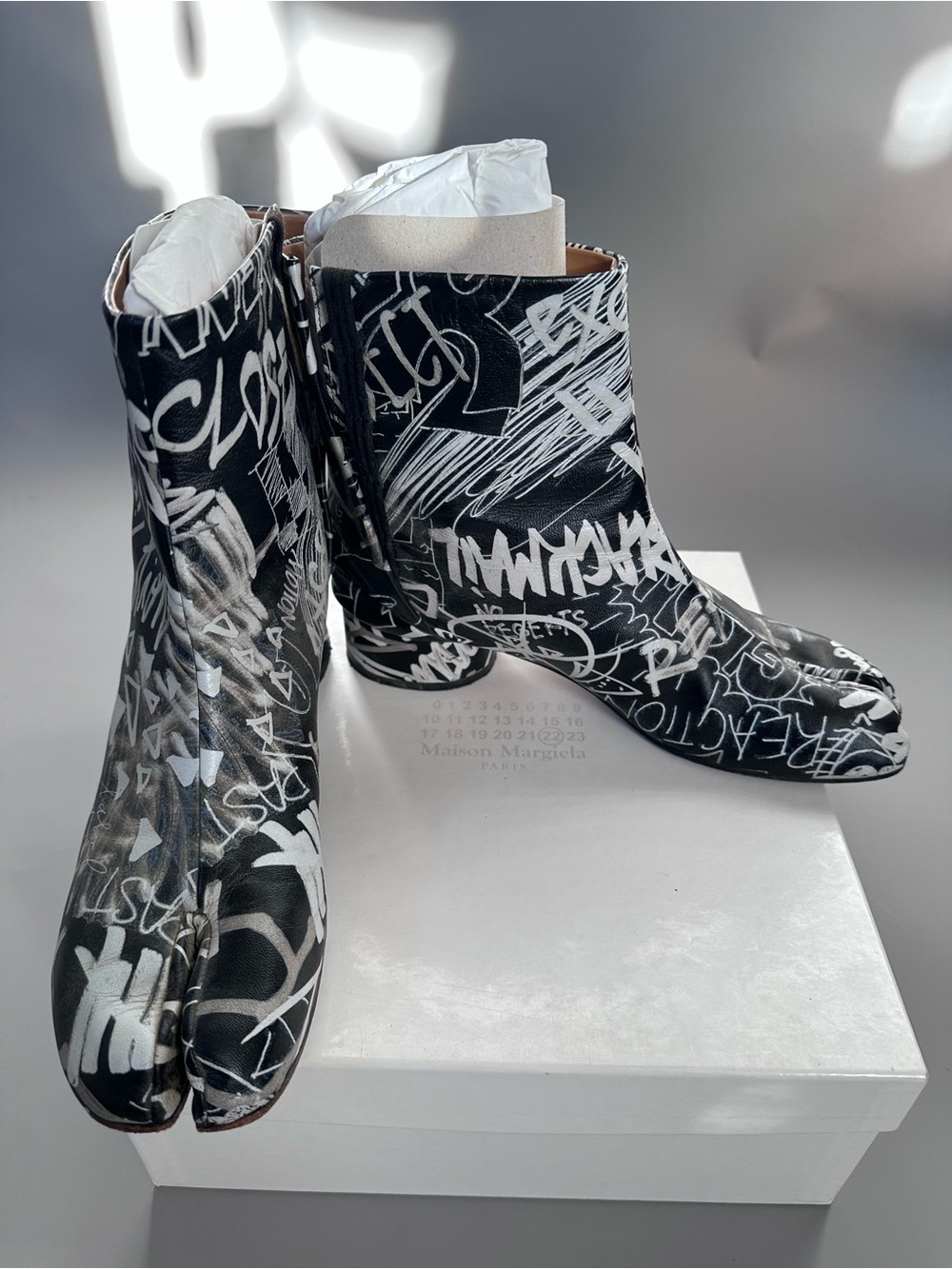 Maison Martin Margiela Black and White Graffiti Tabi Ankle Boots